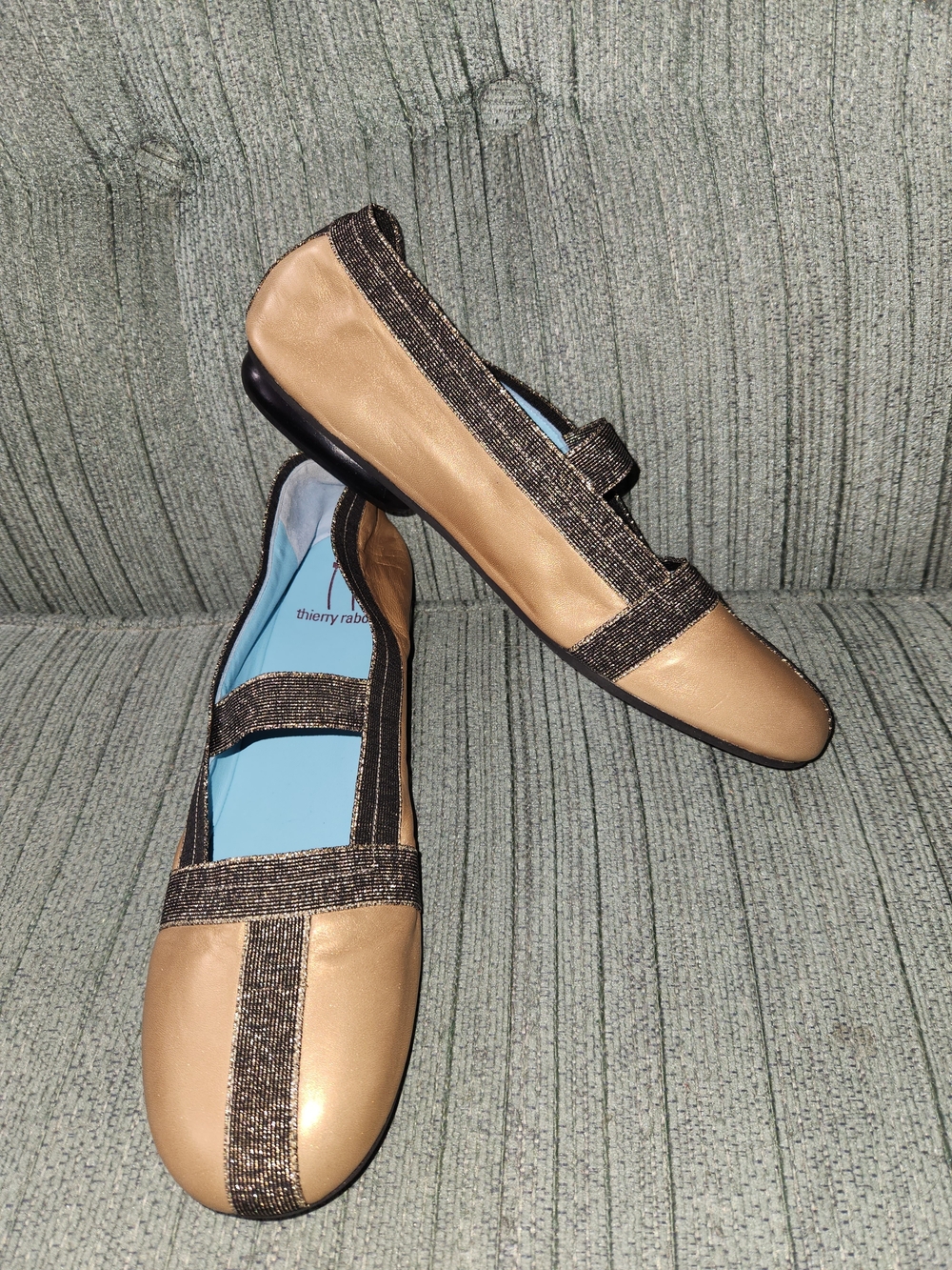 🍉Thierry Rabotin Gold Leather Mary Jane Flats with Metallic Trim